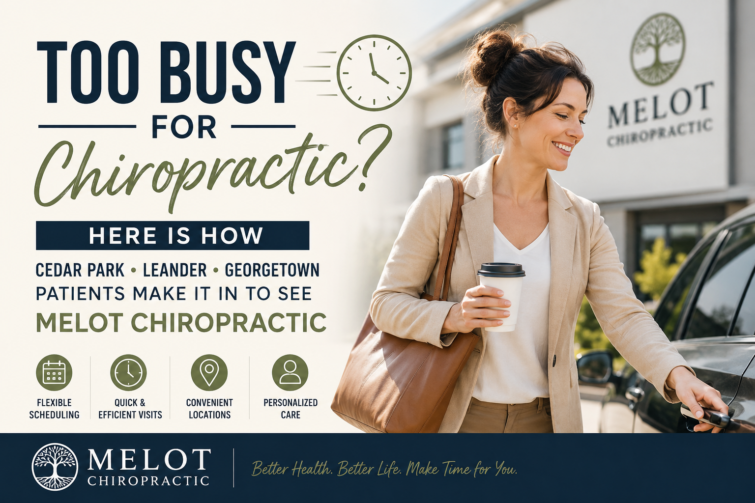 Too Busy for Chiropractic? Here's How Cedar Park, Leander, &amp; Georgetown Patients Make Into Melot Chiropractic for their auto accident treatment