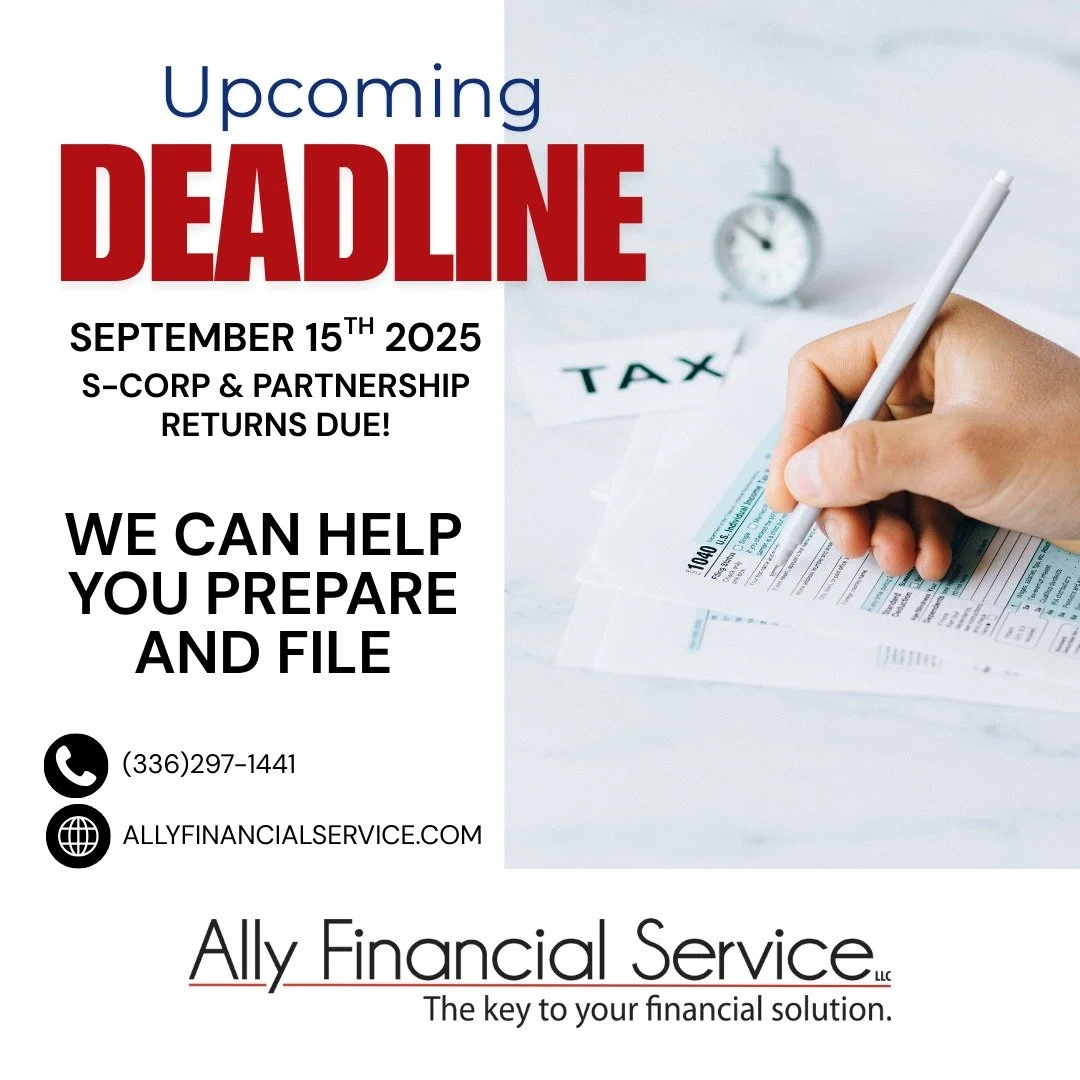Reminder: Partnership &amp; S-Corp returns are due September 15! Don&rsquo;t wait until the last minute&mdash;start gathering your documents today. 🗂️ #BusinessTaxes #TaxReminder