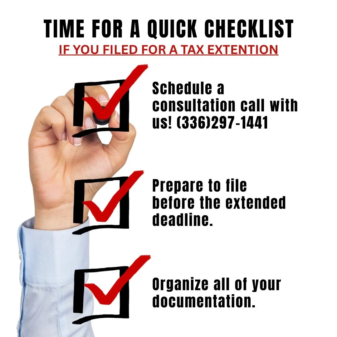 Have you gathered all documents needed for your extended return? Starting and filing early means less stress later! Contact us to schedule your consultation call. ✅ #TaxChecklist #FilingTips #nctaxpreparer