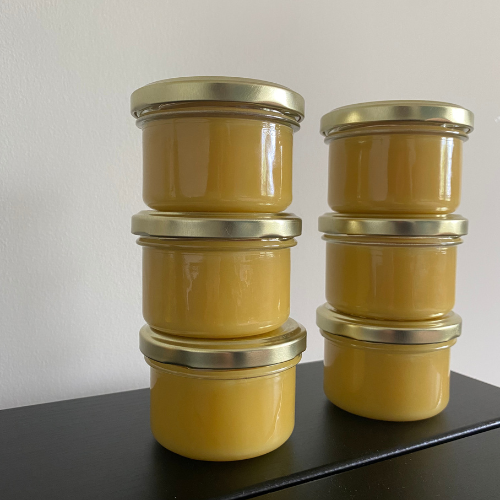 Two stacks of three small jars of Yoghee