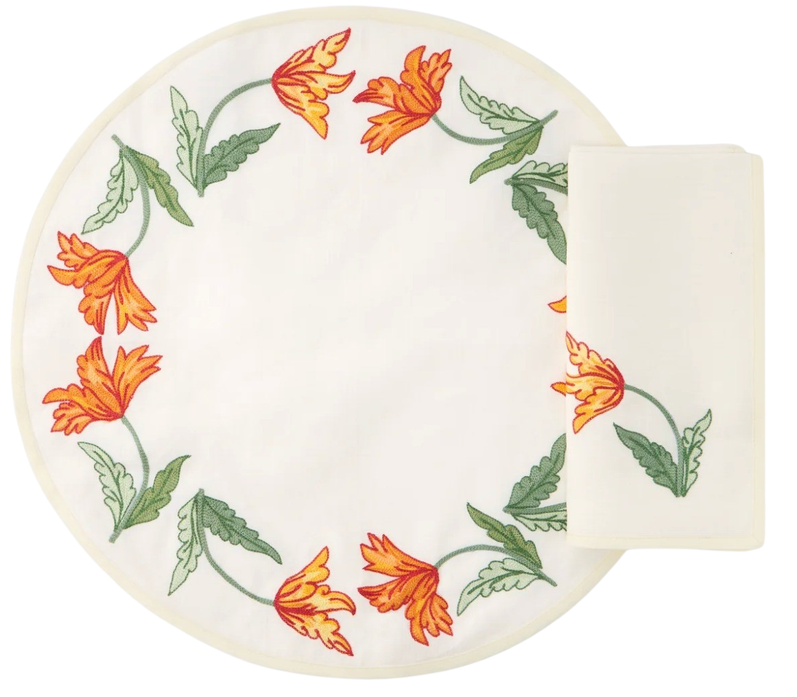 Loretta Caponi x Cabana Tulips Embroidered Placemat & Napkin Set