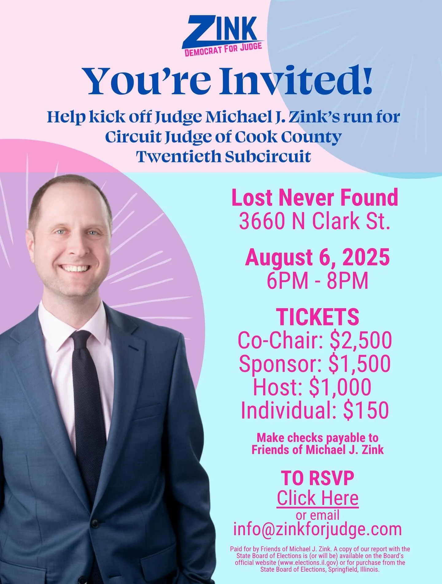 🎉 We&rsquo;re officially launching Judge Michael J. Zink&rsquo;s campaign &mdash; and you&rsquo;re invited!

Join us on Wednesday, August 6th at Lost Never Found for a kickoff party to celebrate, connect, and rally behind a judge we trust to keep ju