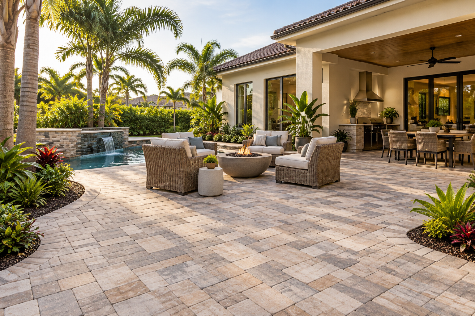 Illustrative paver patio with outdoor seating, tropical landscaping and a covered dining area
