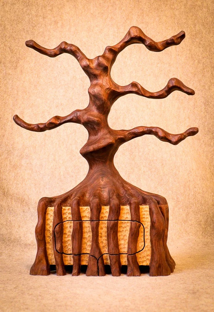 Hand-carved tree-shaped bandsaw box with sculpted roots and textured drawer by JMA Wood Studio.