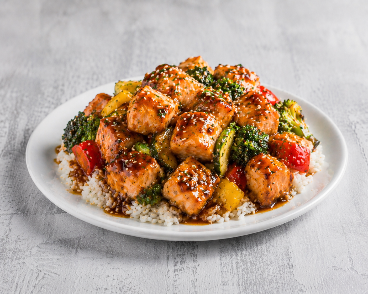 Teriyaki Salmon Bites with Vegetables & Rice