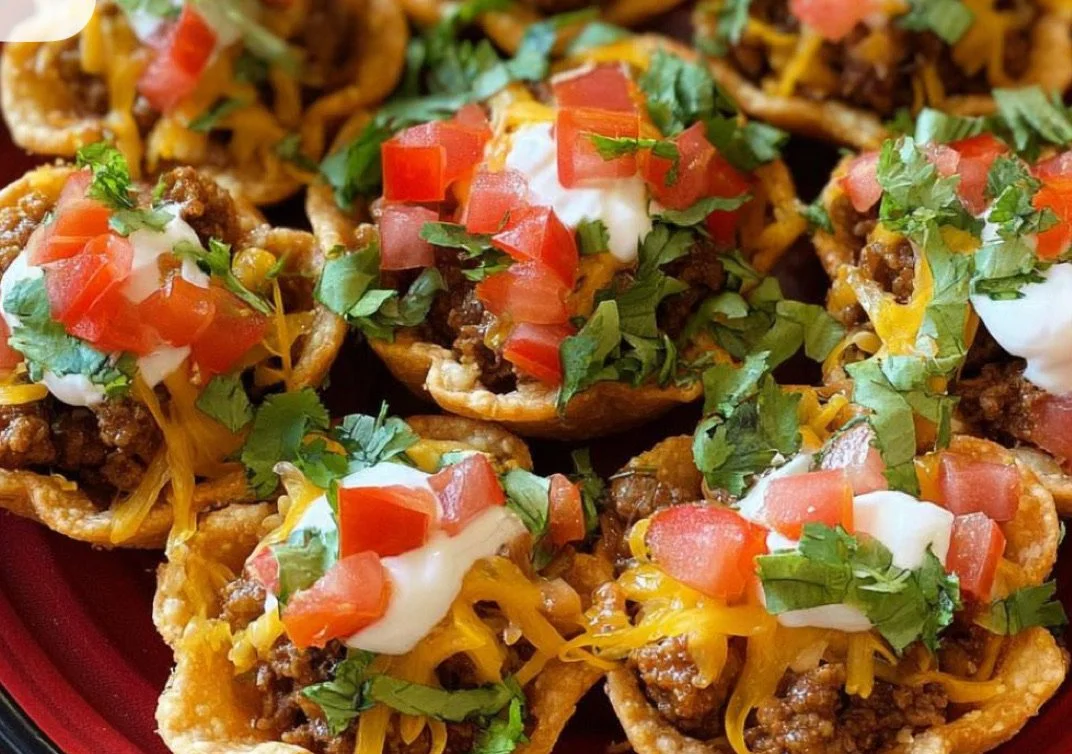 Close-up of loaded taco cups with seasoned beef, shredded cheese, sour cream, diced tomatoes, and chopped cilantro in crispy tortilla shells.
