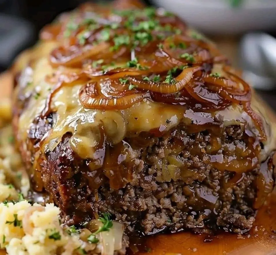 Close-up of a baked meatloaf topped with barbecue sauce, caramelized onions, and melted cheese, garnished with chopped parsley.