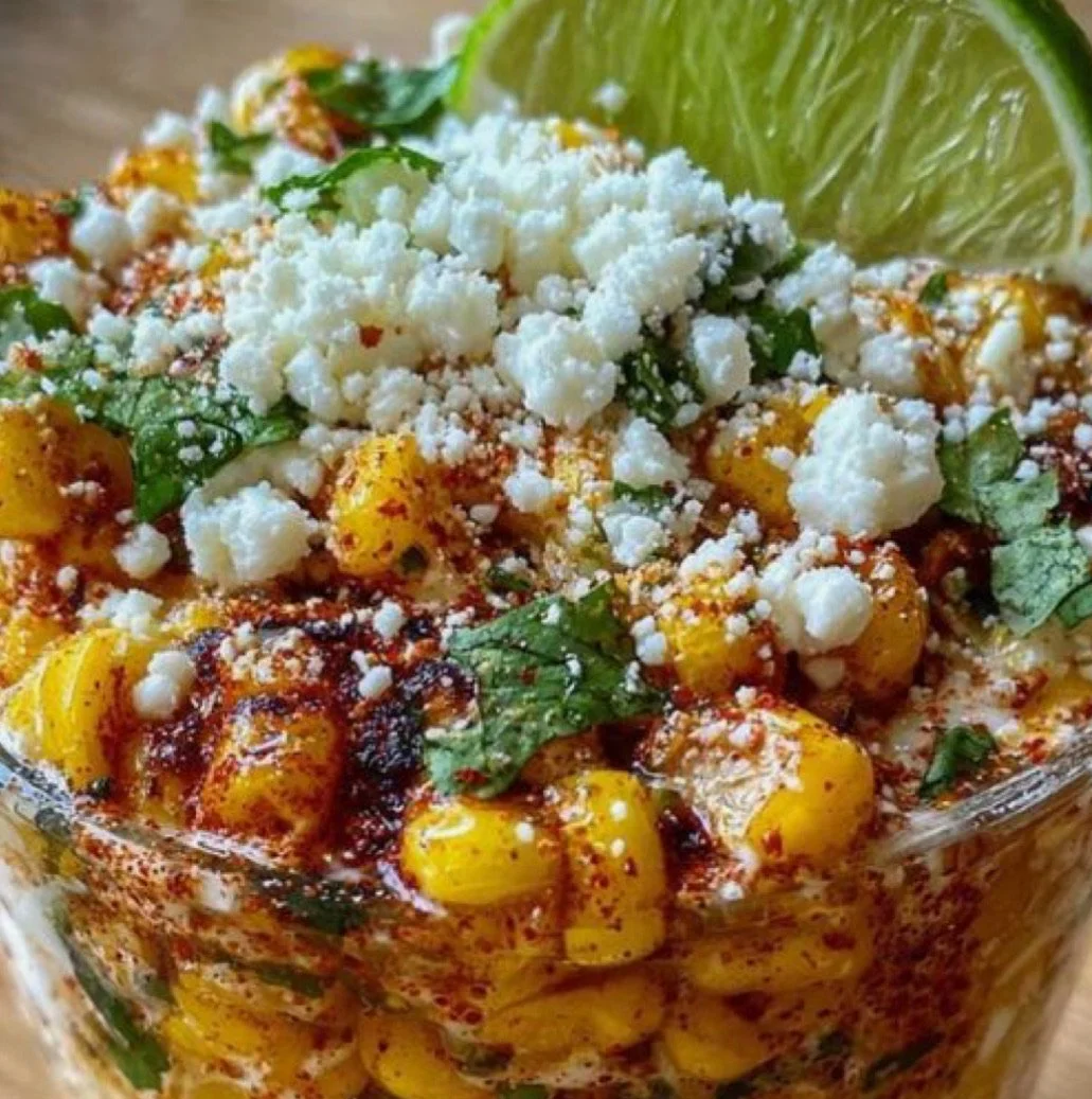 Close-up of a spicy corn salad with crumbled cheese, cilantro, lime wedge, and seasonings in a glass container.