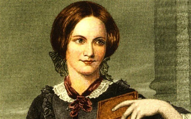 A painting of a woman with short brown hair, wearing a dark dress with a white collar, holding a closed book.