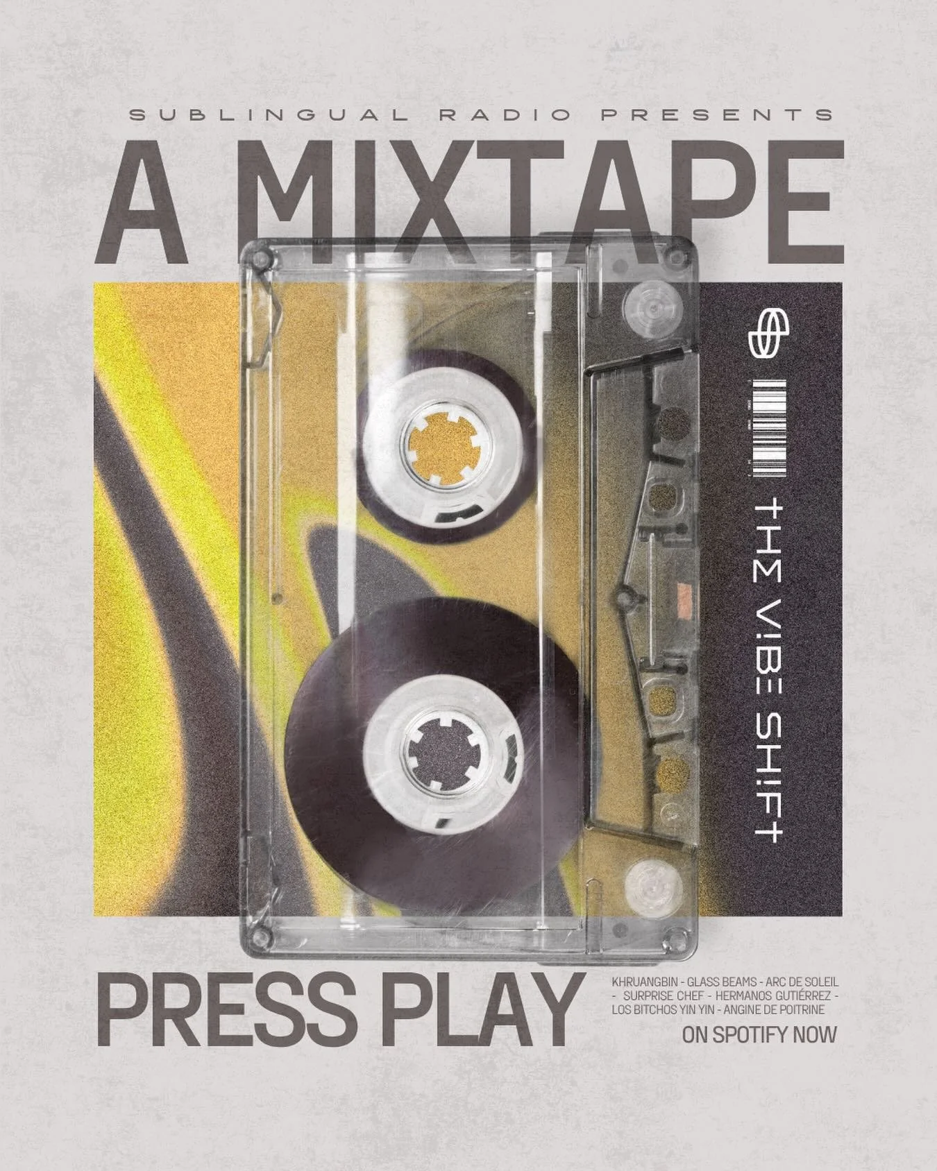 &dagger;H&sum; V!B&Xi; SH!F&dagger; &mdash; A Mixtape 

Khruangbin. Glass Beams. Arc De Soleil. Surprise Chef. Hermanos Guti&eacute;rrez. Los Bitchos. Yin Yin. Angine De Poitrine. 

Eight bands. Four continents. One feeling. 
Find it on spotify. Link