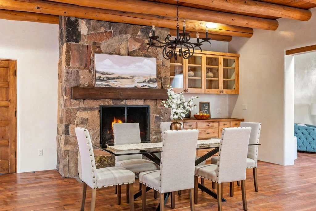 dining room Santa Fe stone fireplace built ins
