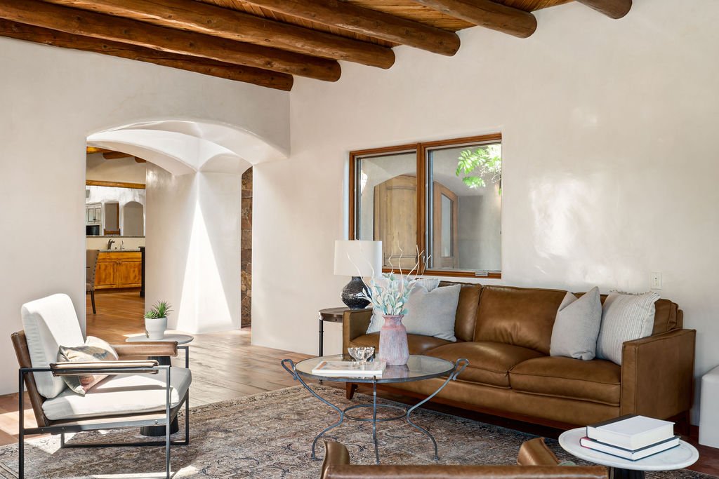 Santa Fe den lounge leather sofa vigas Southwest style