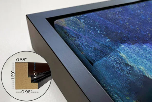 Standard framed prints feature a 0.75" thickness and 1.25" depth, while larger sizes—30"x44", 36"x36", and above—are framed slightly thicker at 1.25" by 1.25".
