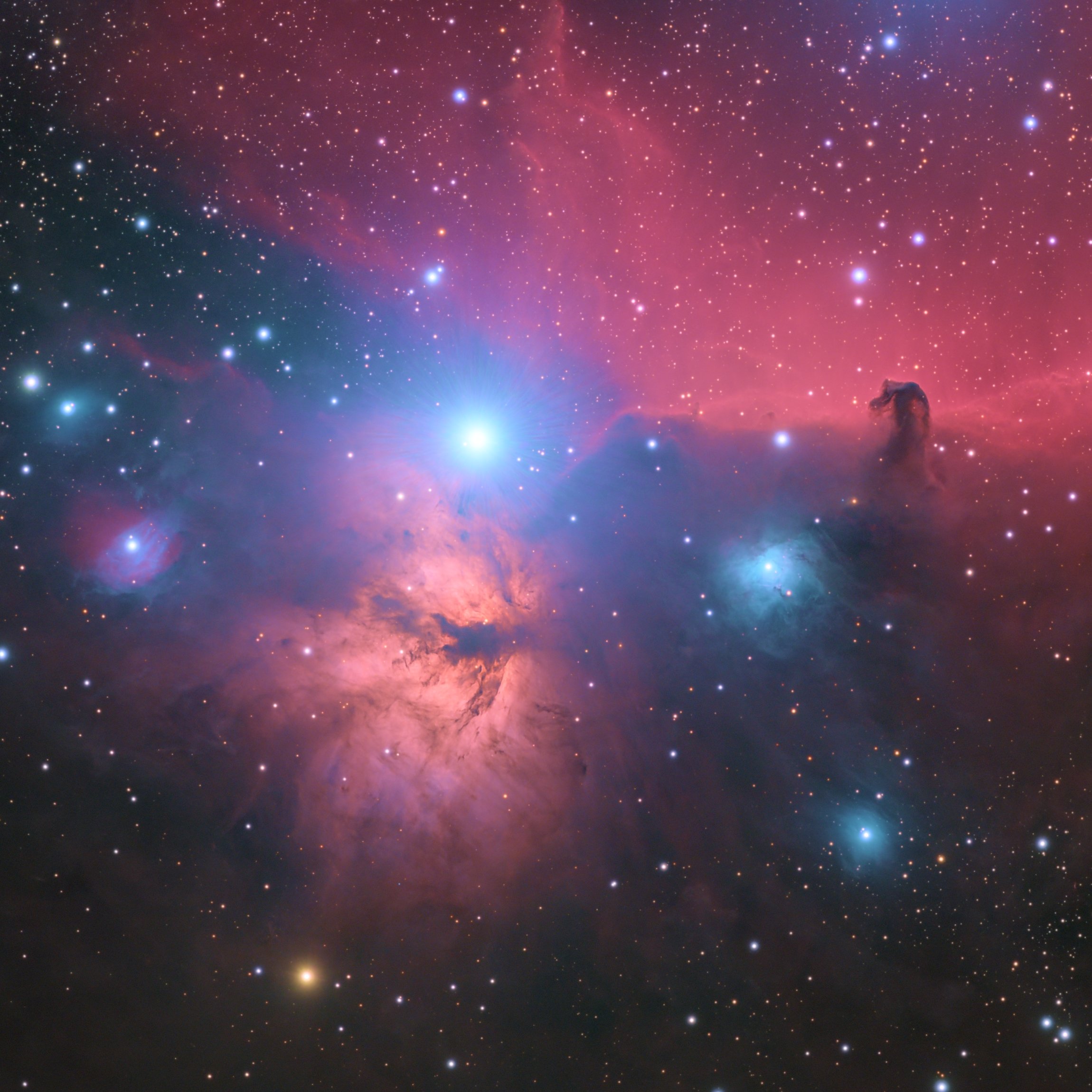Horsehead Nebula (IC434, right) and Flame Nebula (NGC 2024, left). The bright star on the top is Alnitak, one of the three main stars of Orion's Belt.

Shot in the backyard at Goleta, CA with 40 hrs exposures in total. The image combines the broad ba