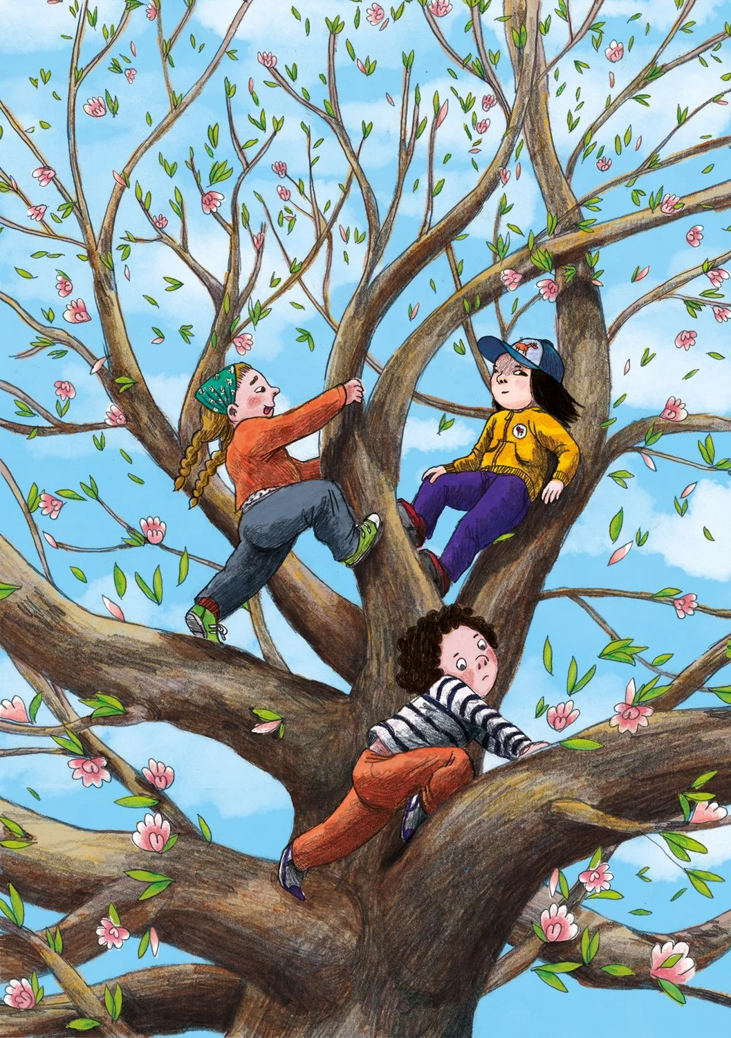 Illustration for the book "Machtgeschichten" of kids climbing in a large tree- pencil and digital- Leipzig illustrator / Illustration für das Buch "Machtgeschichten" von Kindern, die in einem großen Baum klettern - Buntstift und digital - Leipziger I