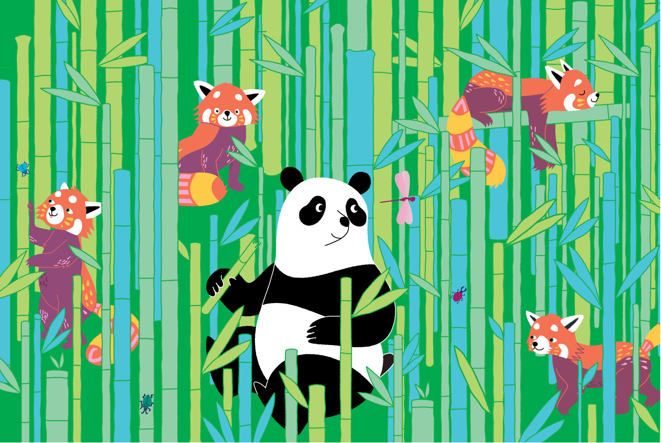 Panda Forest: Green surface design of a bamboo forest with a large panda munching on bamboo, with red pandas playing around him