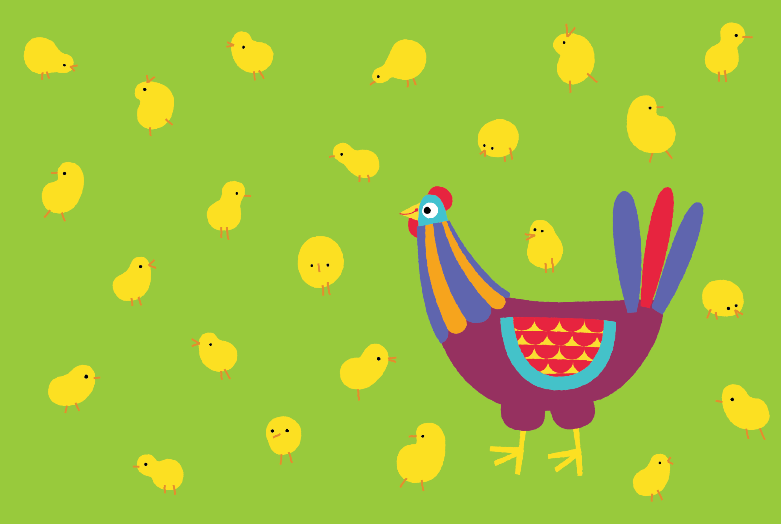 Mama Hen and Her Chicks: Bright green surface design of a colorful chicken surrounded by her chicks, they form a polka dot pattern.