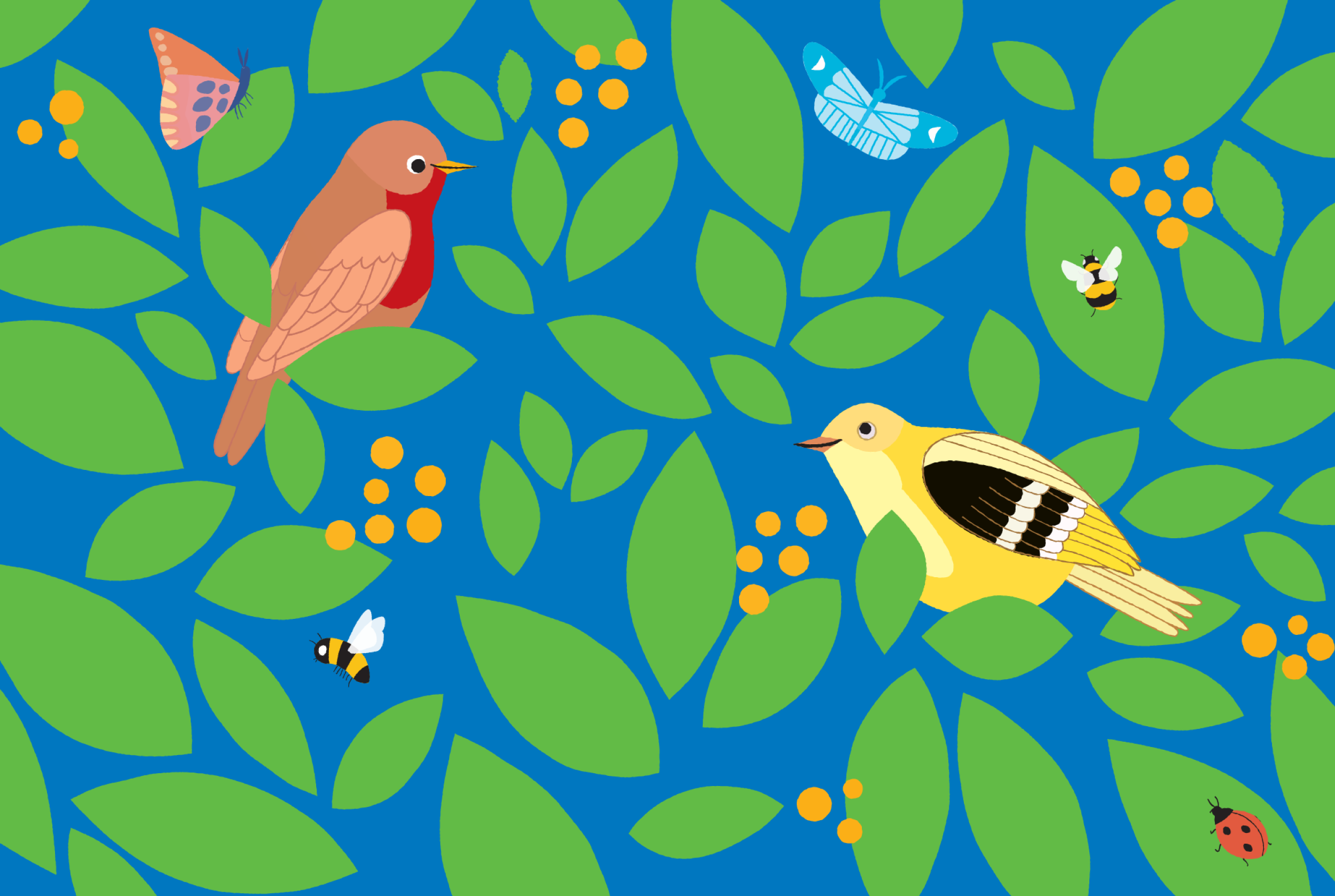 Into the Bushes: Blue and green surface design with two colorful birds looking at each other in the leaves with butterflies, bees, and ladybugs flying around