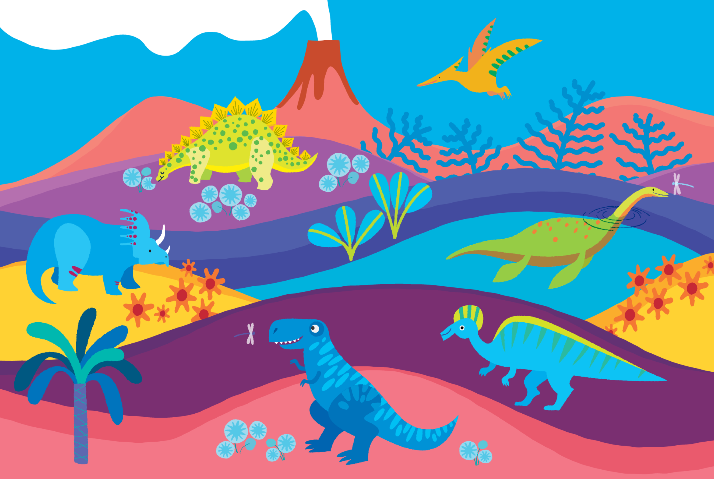 Prehistoric Times: Surface design of very colorful dinosaurs, t-rex, triceratops, etc