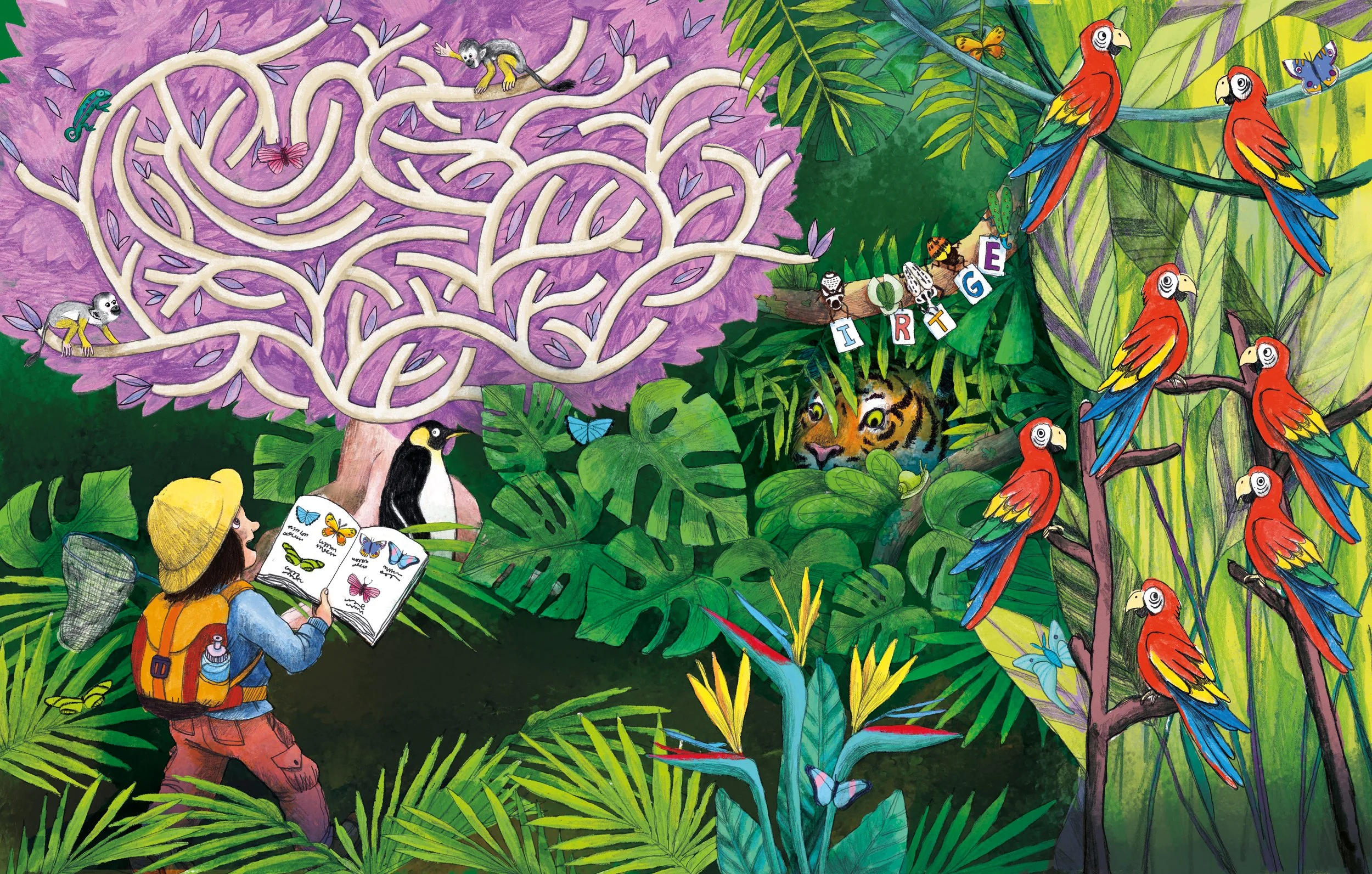 Double page of games for the magazine Geolino- a girl going through the jungle, with games such as a labyrinth, reorder the letters, find the twin, find from a list, find the odd one out - pencil and digital - Canadian illustrator//
Double page de je