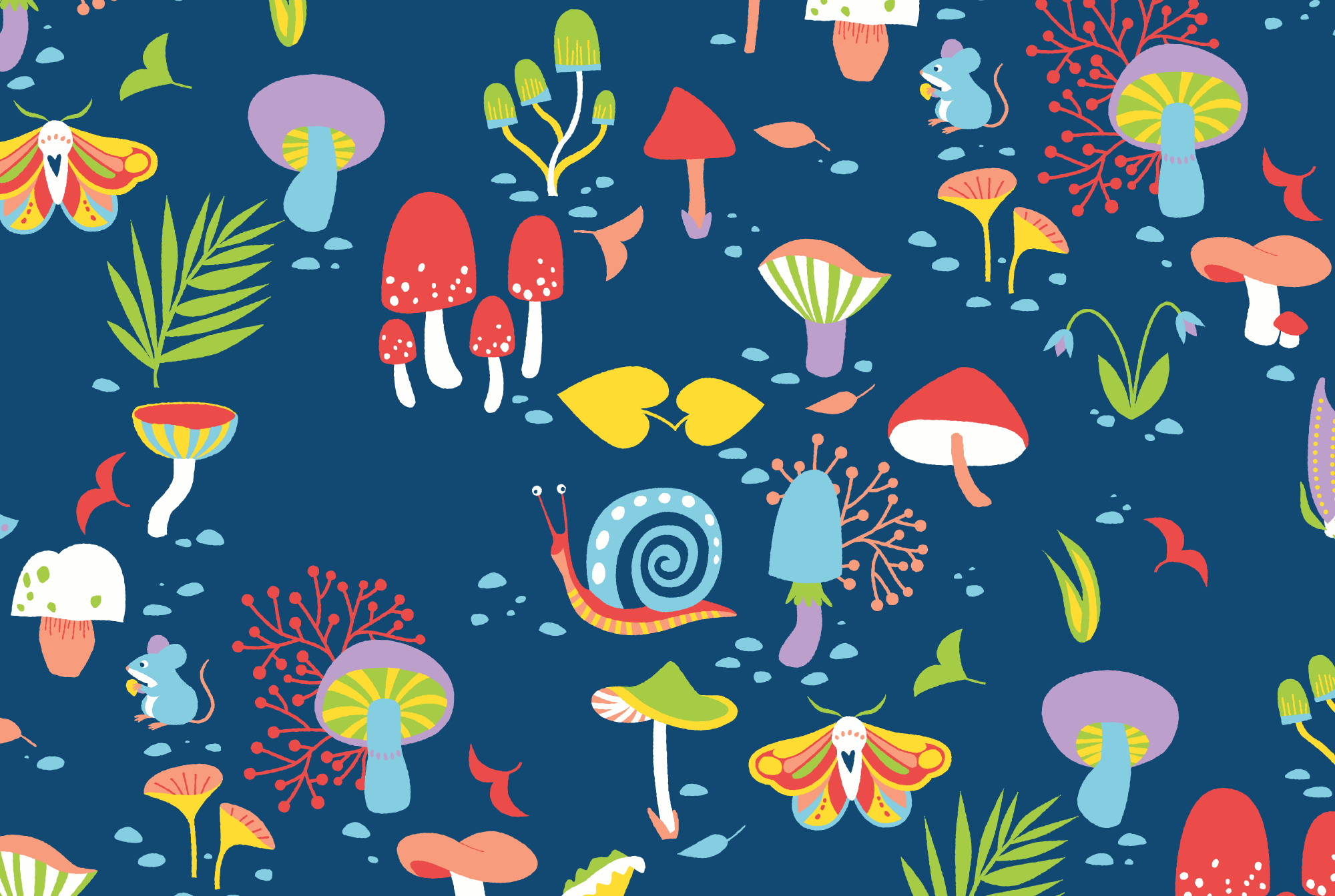 Forest at Night: dark blue repeat pattern with bioluminescent mushrooms, plants, moths, snails, mice