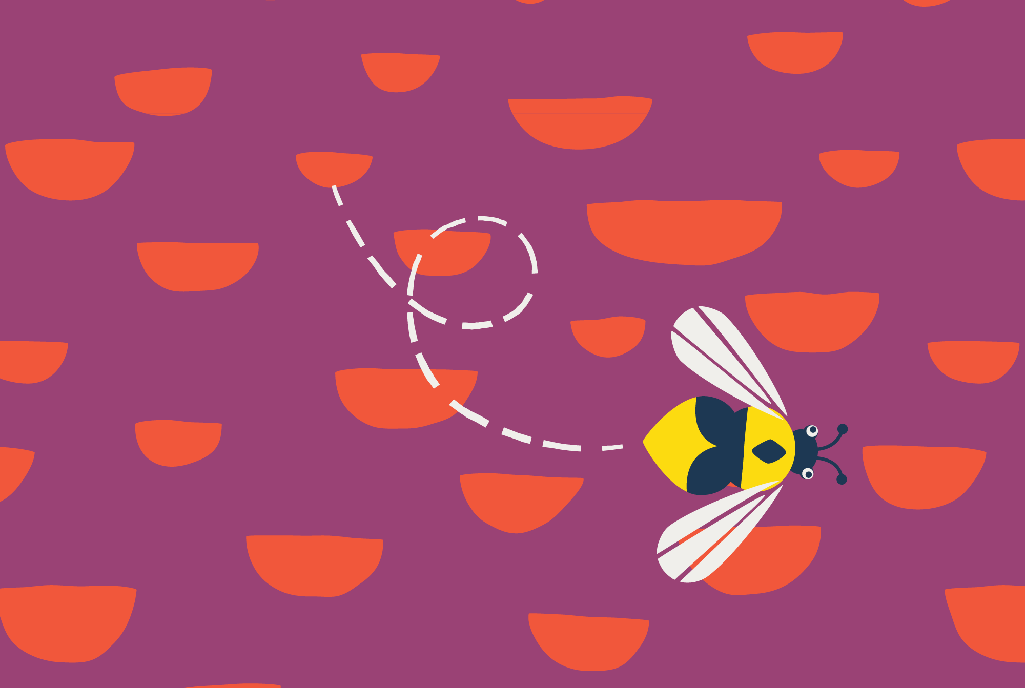 The Honey Bee: Magenta abstract organic repeat pattern reminiscing of flowers with a honey bee flying over it.