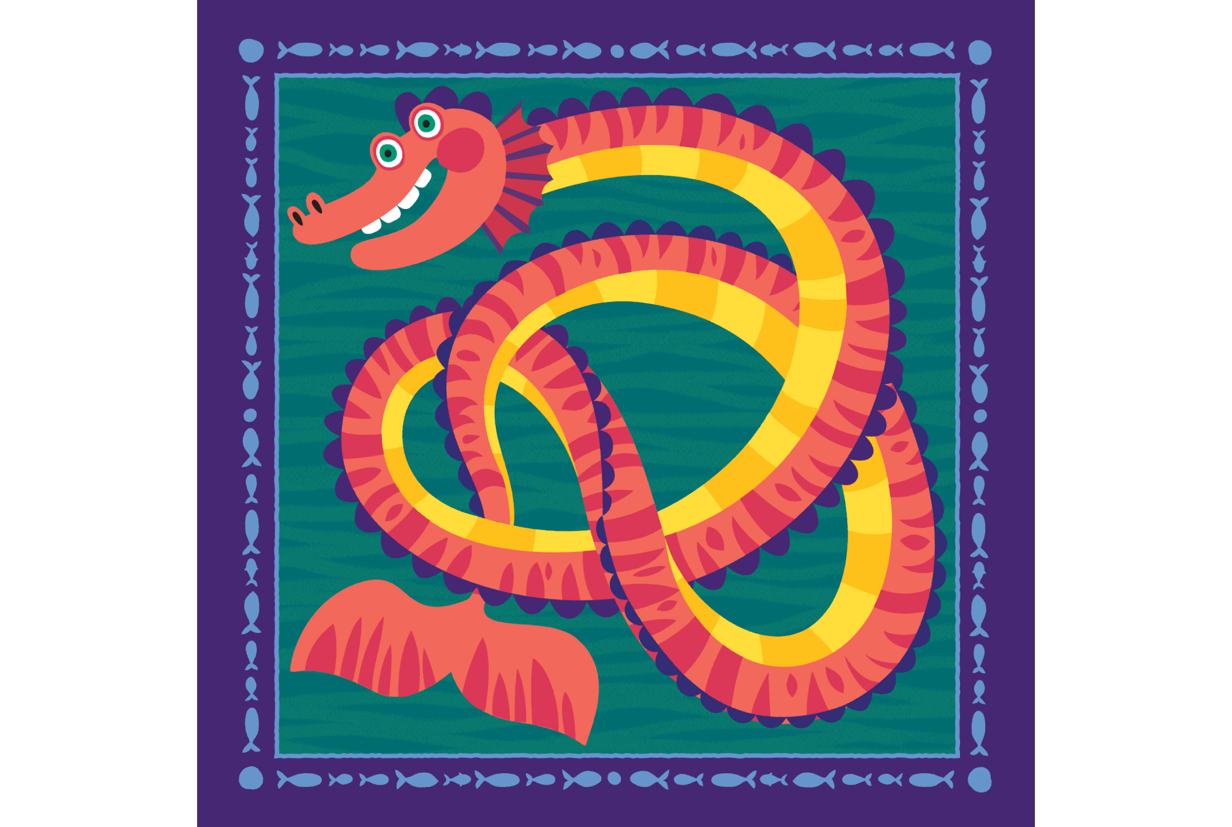 Sea Monster: Bandana design with a fun sea dragon making a knot in purple, orange and teal