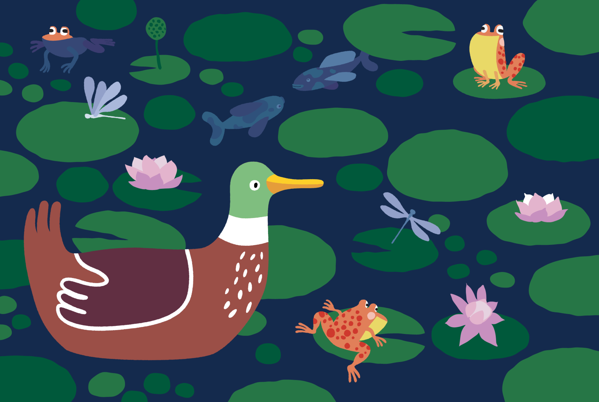 Duck Pond: dark blue and green surface design with a big mallard, frogs and koy fish swimming amongst the waterlilies.