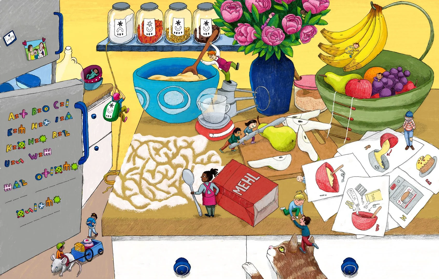 Double page of games for the magazine Geolino- mini people having fun in the kitchen! with games such as a labyrinth, decode the message, find the twin, find from a list, reorder the steps - pencil and digital - Canadian illustrator//
Double page de 