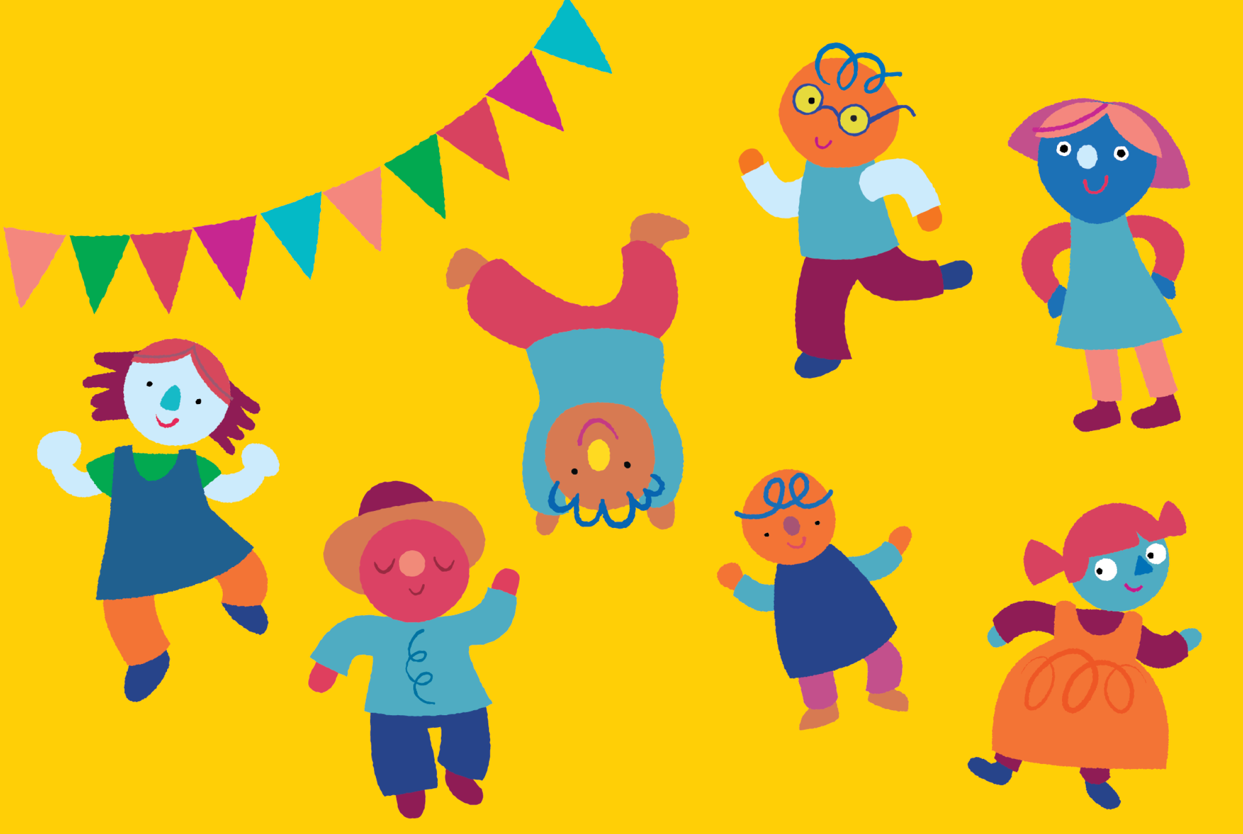 Dance Party: Yellow surface design with funny colorful little dancers made of simple shapes and bunting