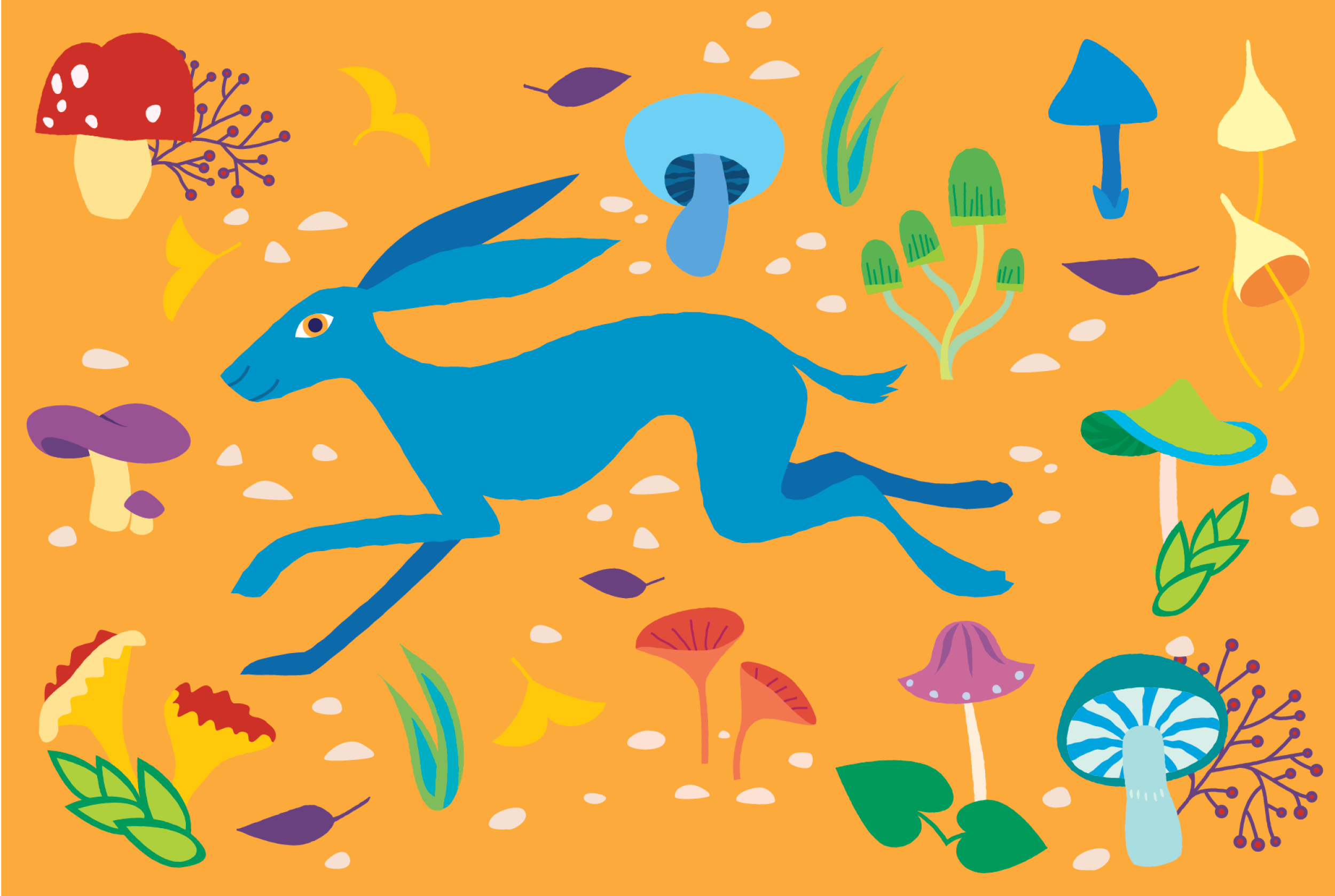 Hare in the Mushroom: Orange surface design of a blue hare running across mushrooms nd plants