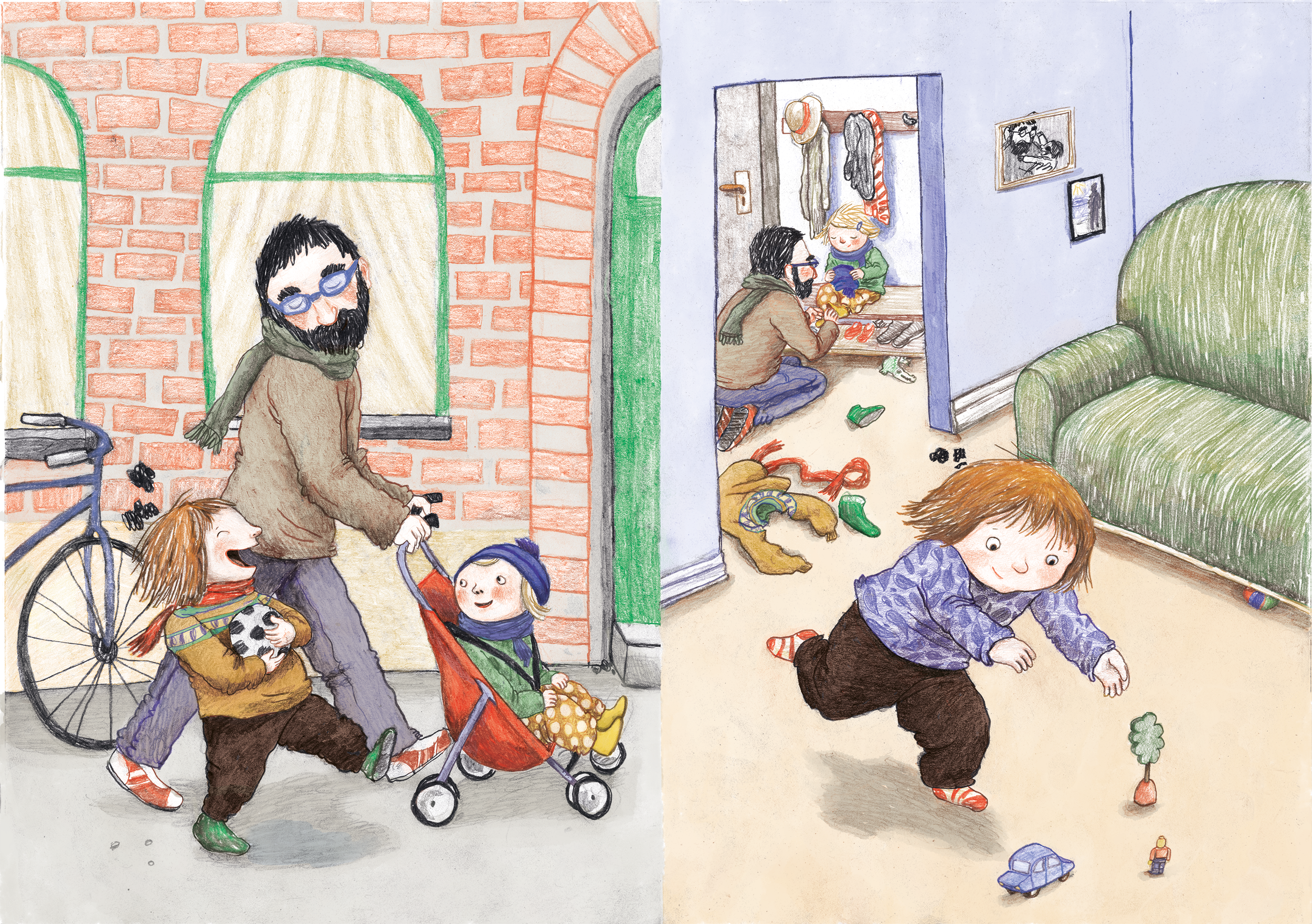 Double page illustration from two small children in their dad arriving home from playing at the parc - color pencils and digital - Canadian illustrator // Doppelseitige Illustration von zwei kleinen Kindern und ihrem Vater, die vom Spielen im Park na