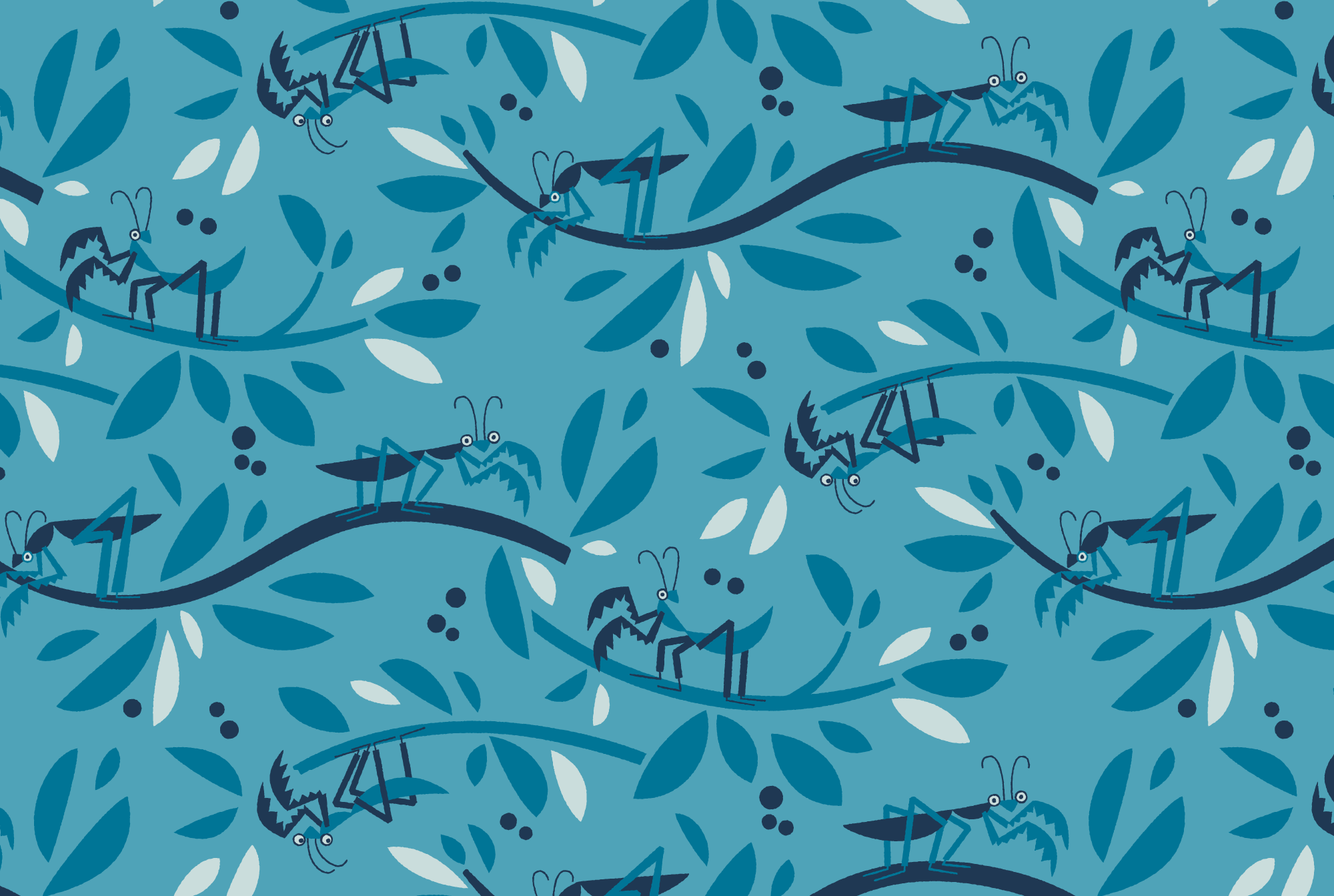 The Mantises: blue floral repeat pattern with subtle mantises