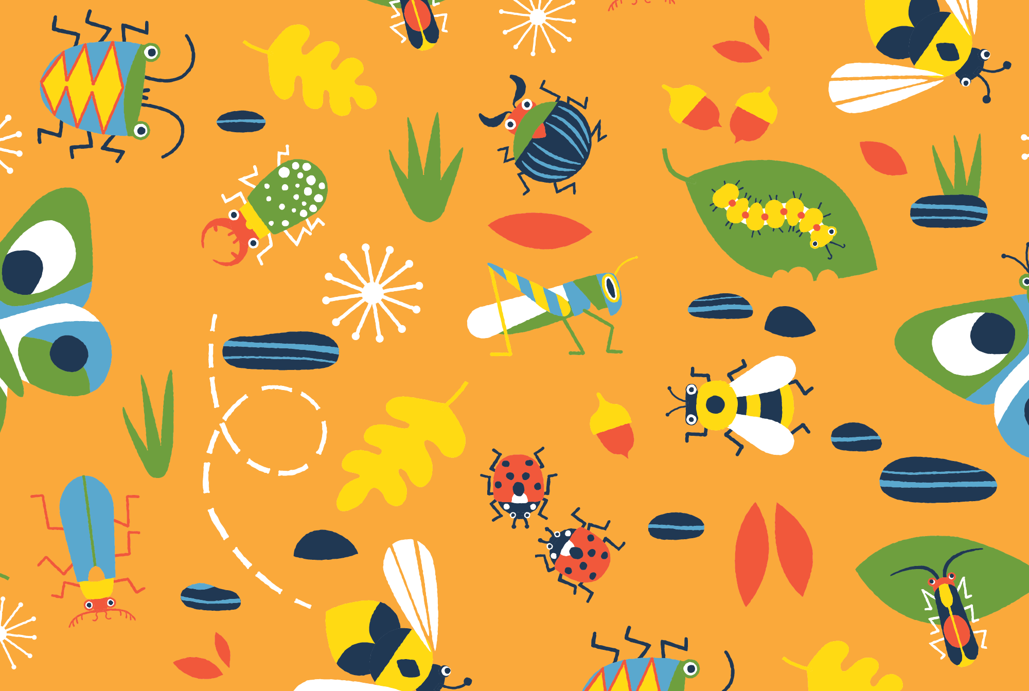The Critters: orange repeat pattern with various insects such as honey bees, wild bees, ladybugs, grasshoppers, butterflies