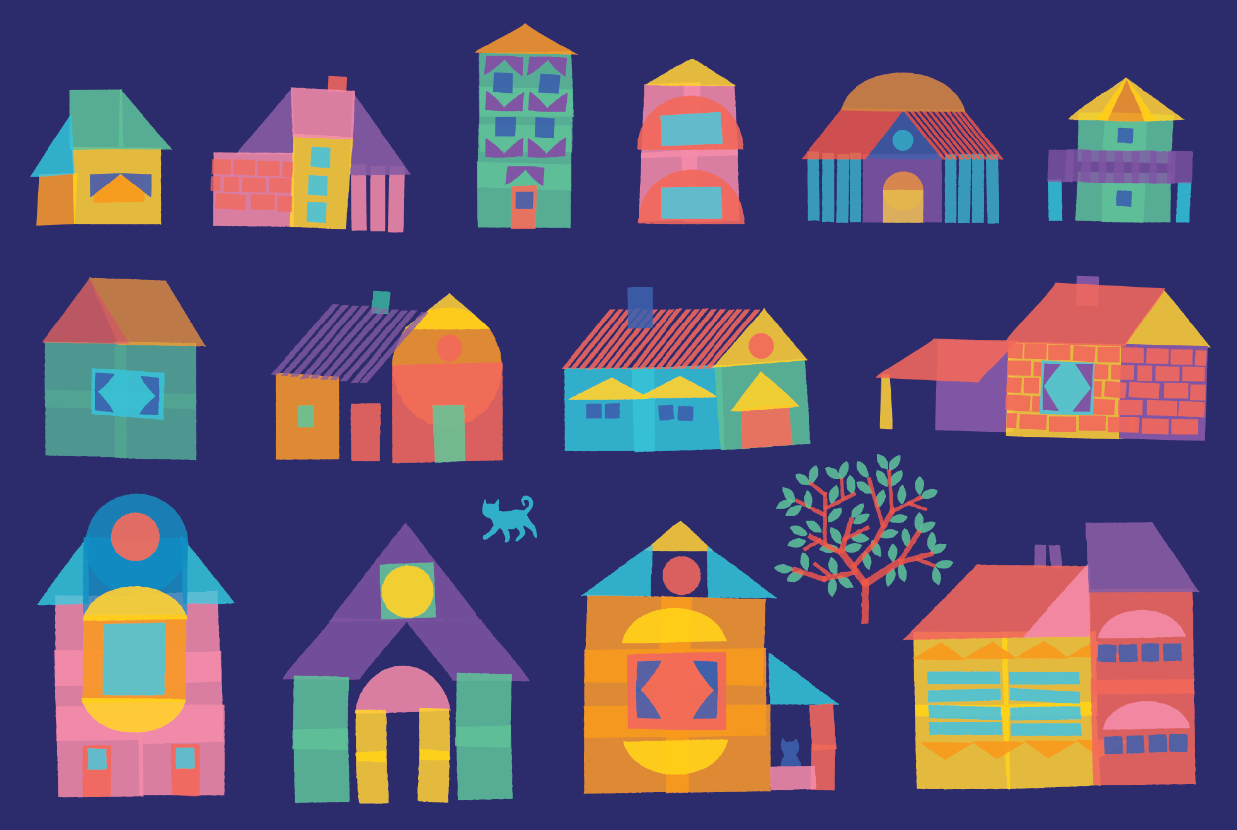 City at Night: Dark blue surface design of bright colorful houses. They seem made out of construction blocks or stamps