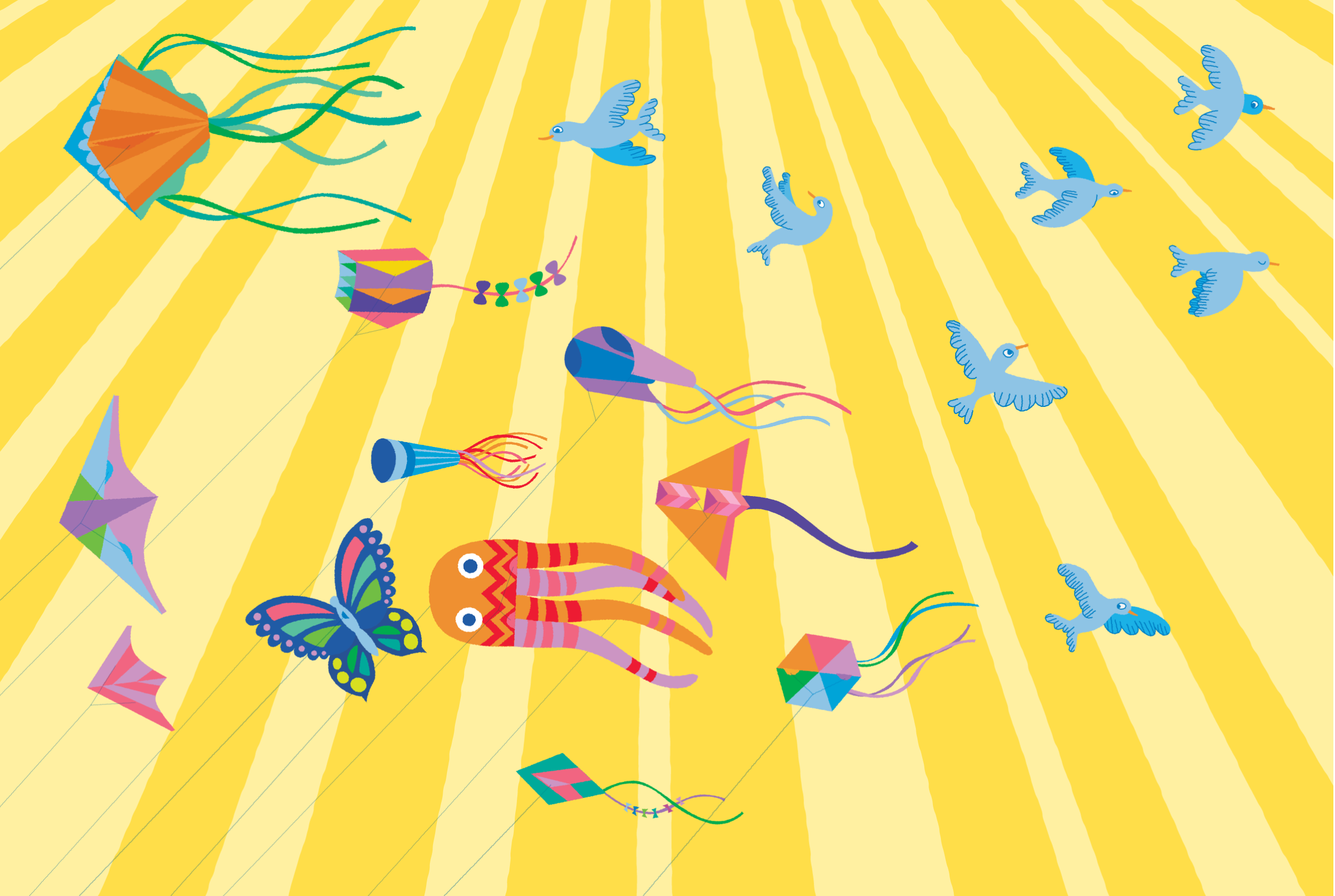 Kites in the sky: yellow surface design of kites flying in the sun rays. Birds are also flying next to the kites, playful but a bit scared