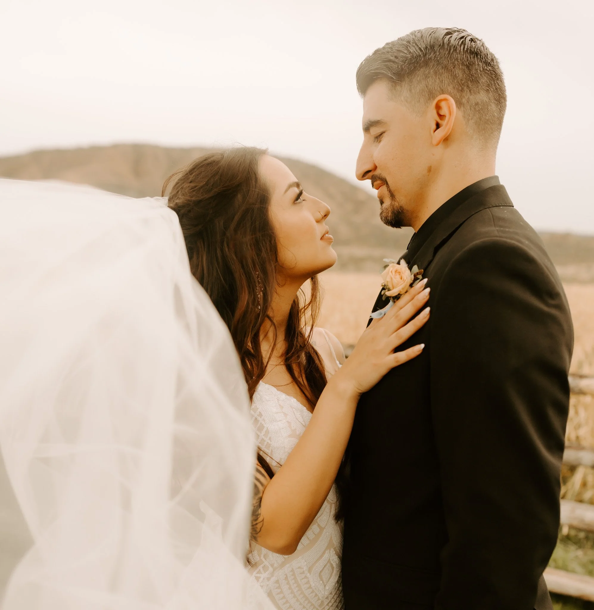 Bride and groom close up on Colorado ranch mountain wedding
