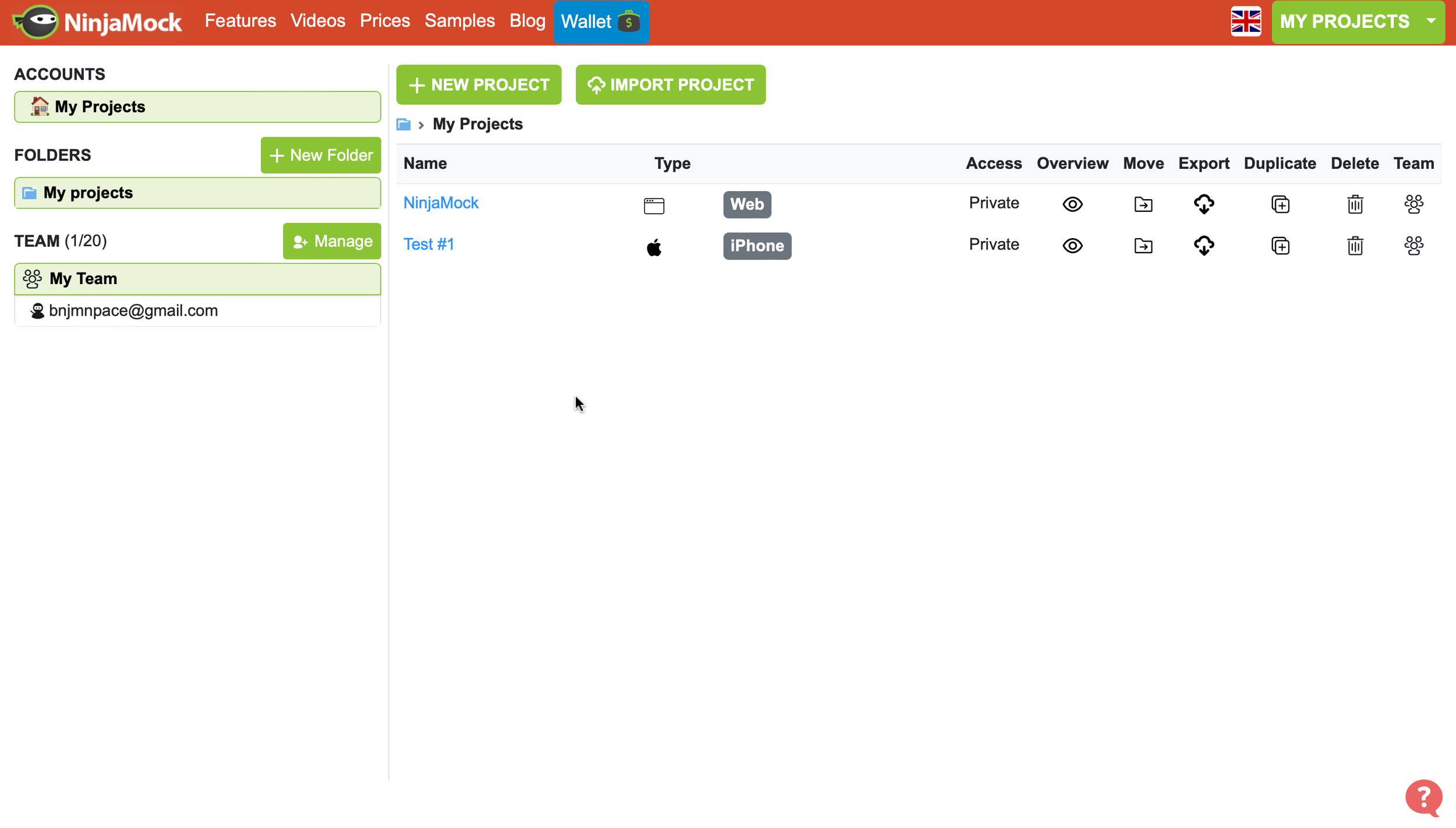 Original Projects Dashboard:
The project dashboard displays a list of information such as Access, Overview, Move, etc. which could all be consolidated into a pop-up menu. There’s no visible snapshot of a project for easy reference only the file name 