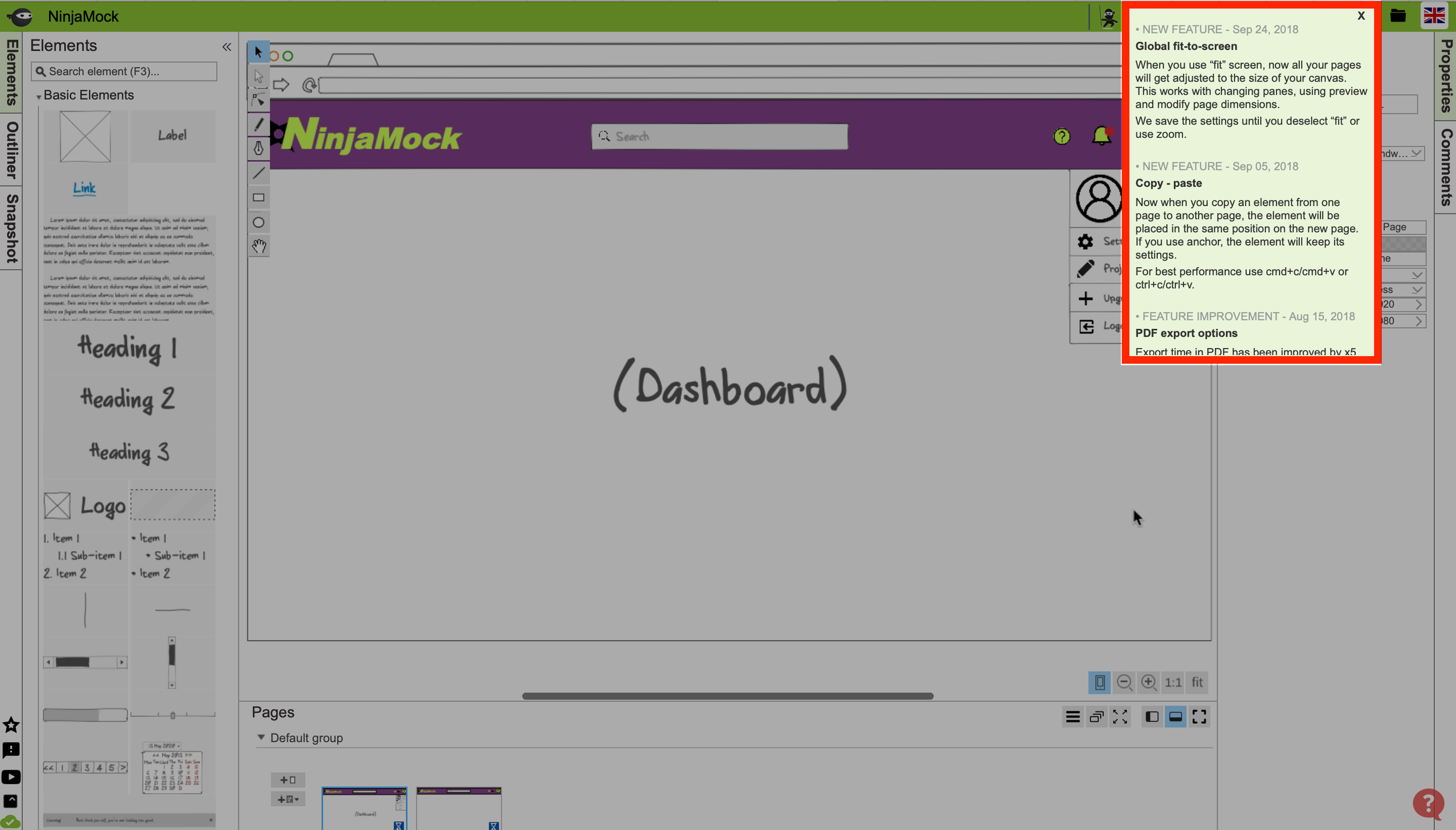 Original News Updates:
New and update feed is only present when working on a project. The icon for news and updates is a little ninja, which is unclear as a news and updates icon. 