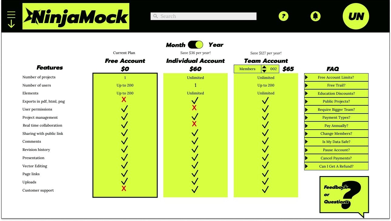 New Pricing page: Removed unhelpful text, made active account and features more obvious, and moved FAQ to prevent endless scrolling.