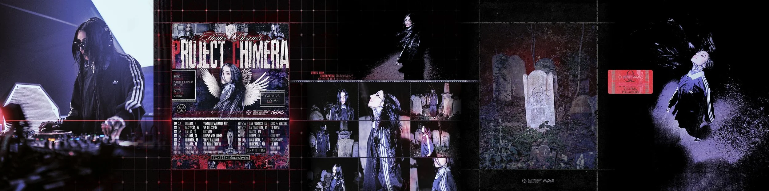 A collage of images featuring a woman with long black hair, wearing dark clothing, and environments including a graveyard and posters promoting 'Project Chimera'.