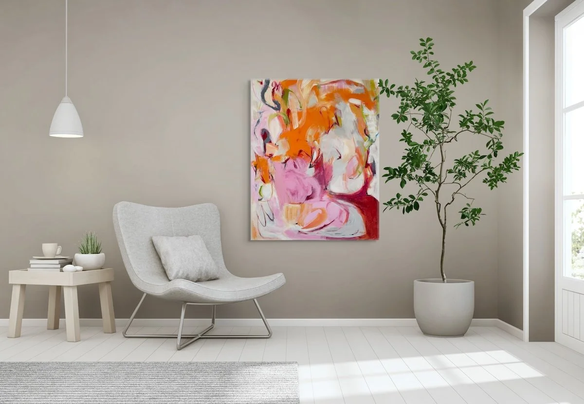 Summer Breeze - Mixed-media abstract artwork hanging above a white casual chair