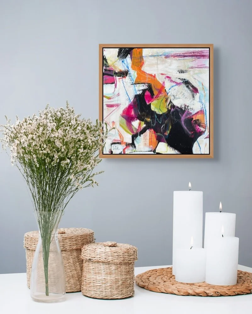 5700 Miles From Sausalito 10 - Framed abstract artwork hanging above a shelf