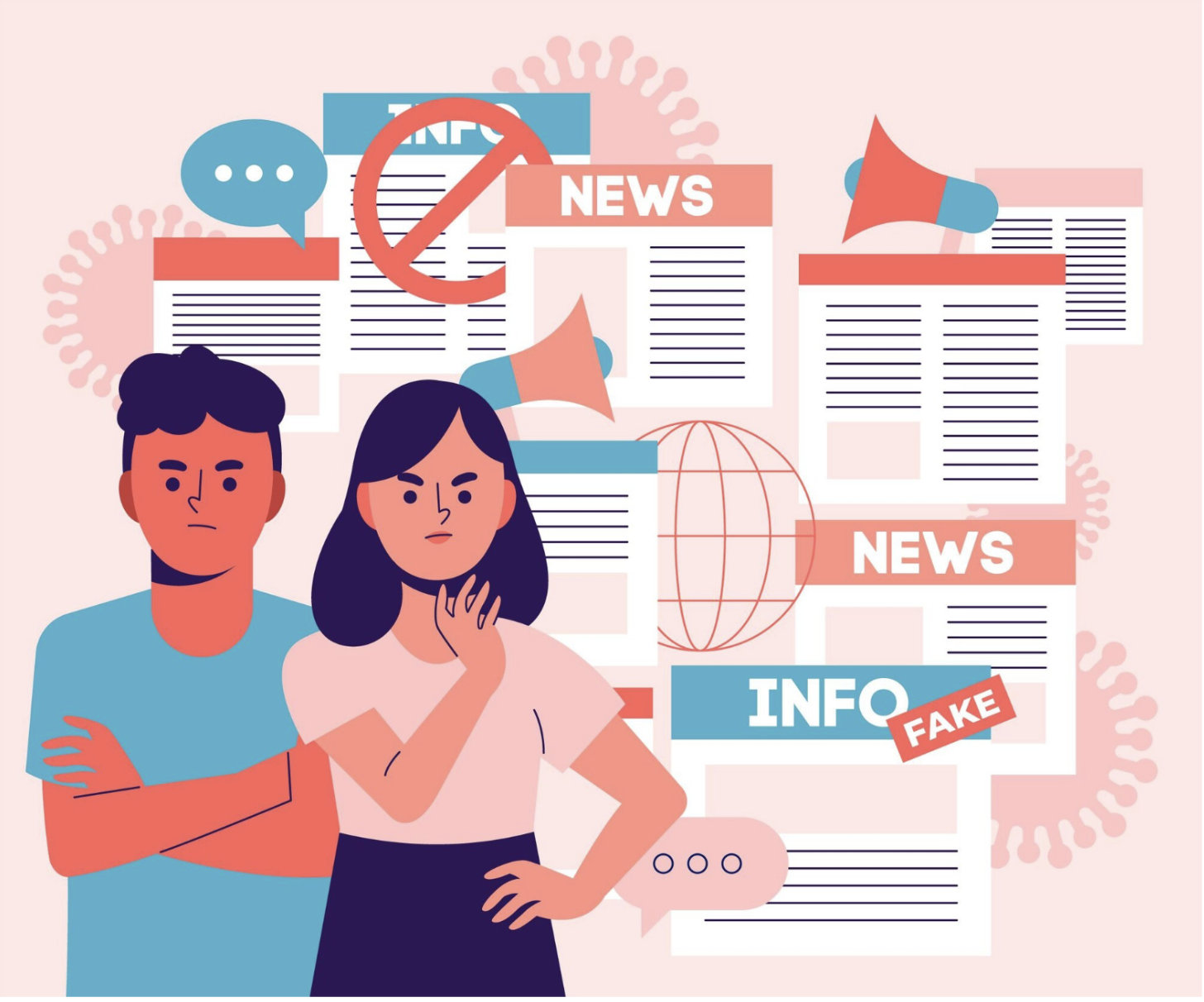 graphic showing a man and woman looking perplexed or angry. They are surrounded by viral news and information, some marked fake/