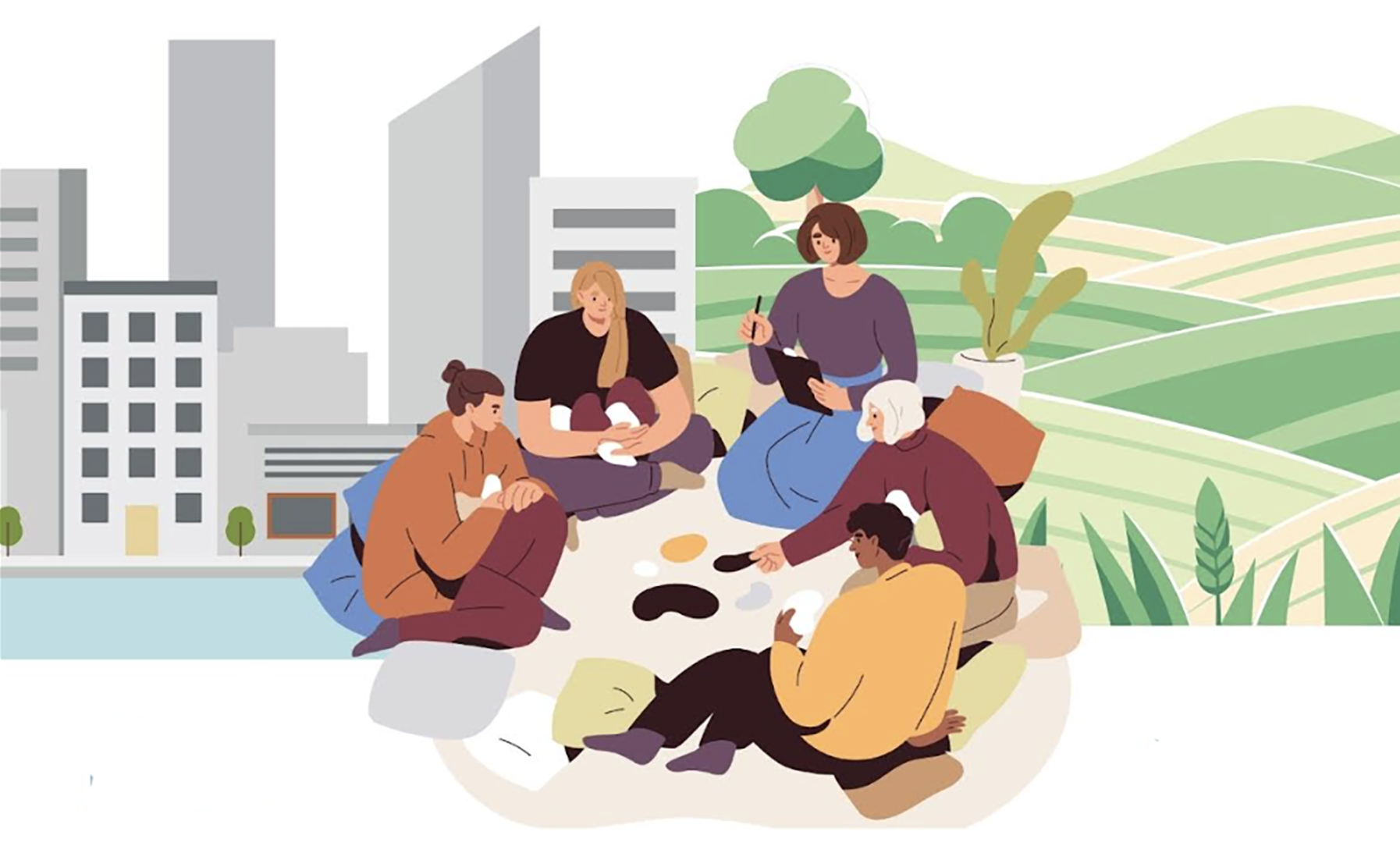 graphic showing a cityscape on the left and a green fields on the right. Five people of different ages and genders are engaged in a project bridge the images.