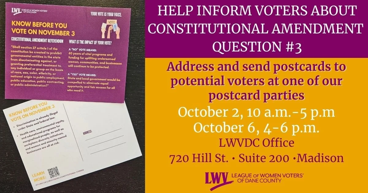 Graphic with the text below and a partial image of the front and back of the pre-printed postcards volunteers will address.