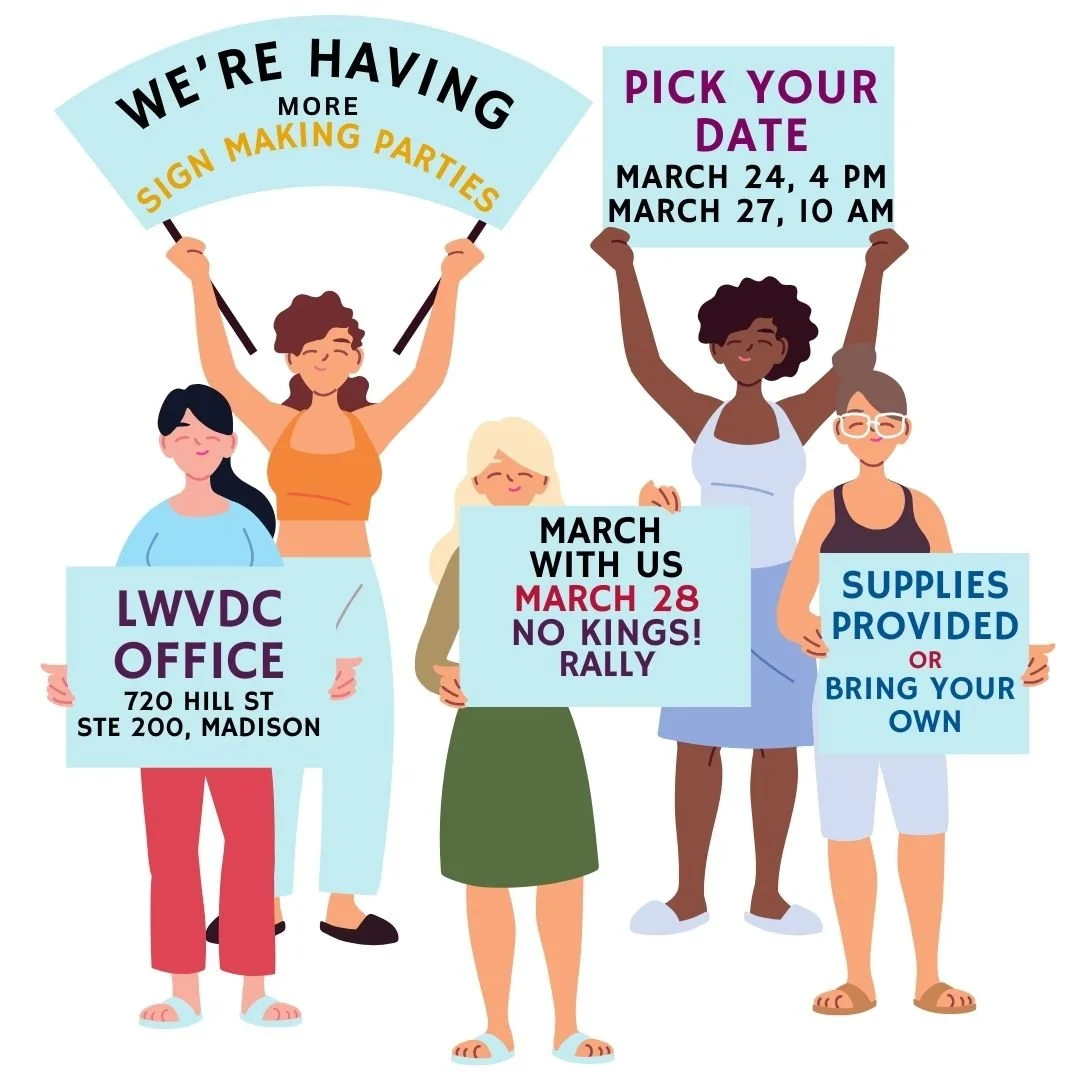 graphic with women holding signs inviting you to a sign-making party with text details as below.