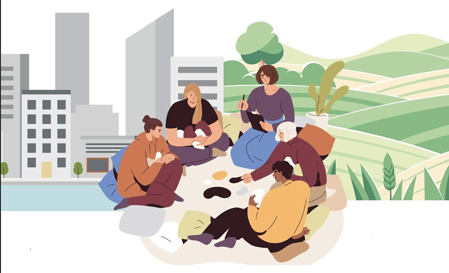 graphic showing a cityscape on the left, with farm fields and trees on the right. Bridging them are 5 people of different ages and genders sitting in a circle, working together to solve a problem.