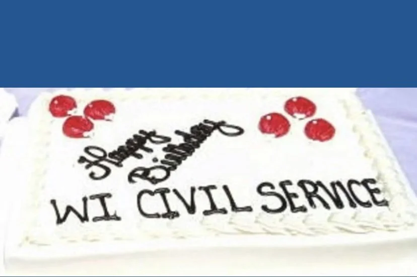 Sheet cake with Happy Birthday WI CIVIL SERVICE in frosting.