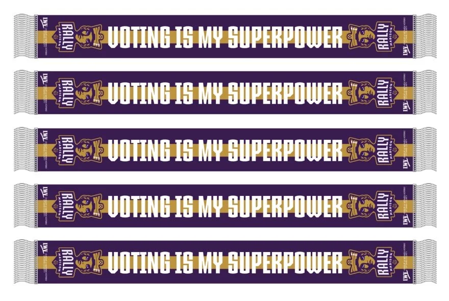 Image of VOTING IS MY SUPERPOWER scarves with Rally Madison and LWV logos and purple and gold stripes